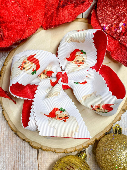 Scalloped Santa Print Glitter Hair Bow in Red