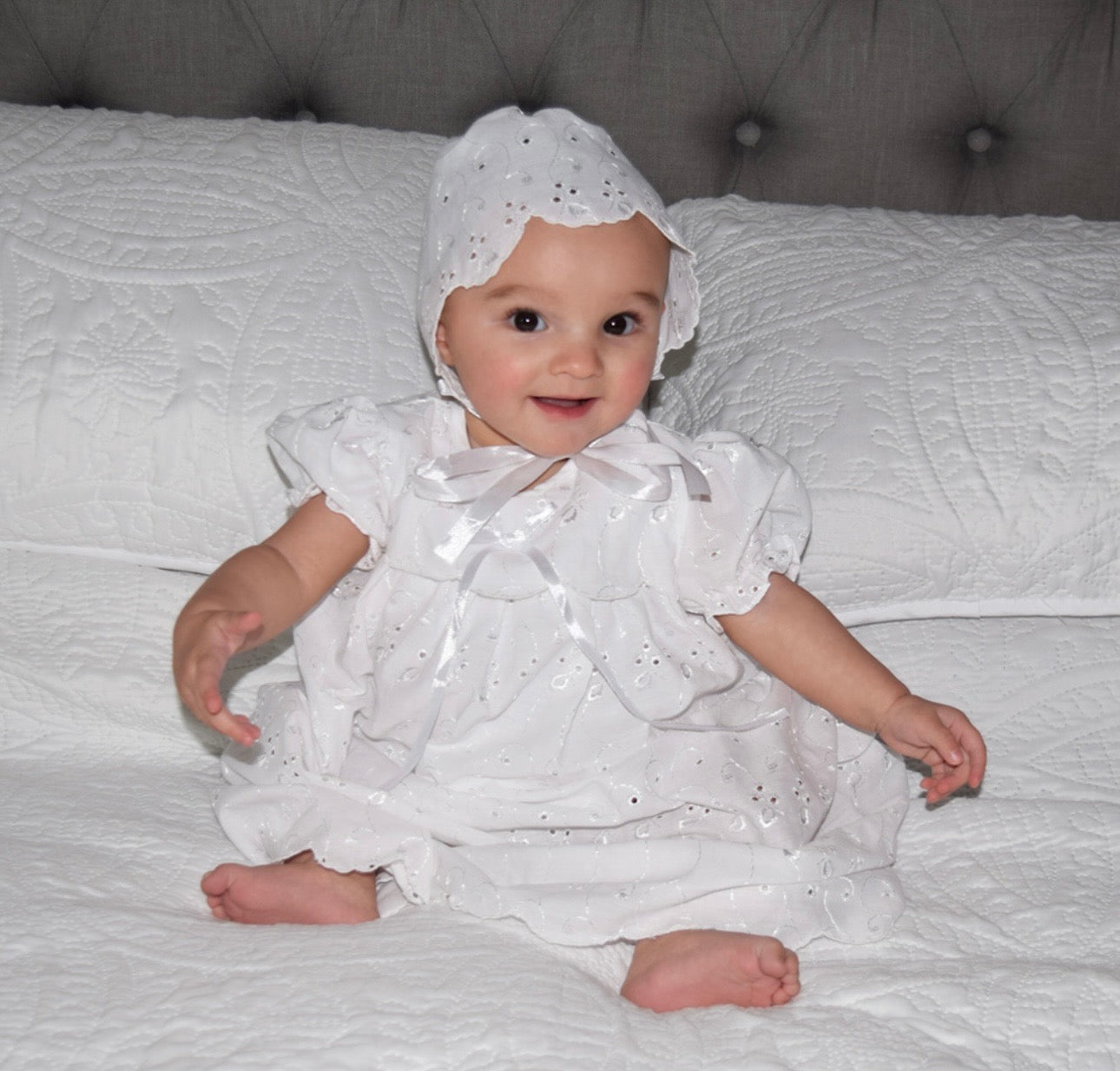 Eyelet Lace Christening Gown w/ Bonnet