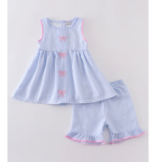 Blue Striped Seersucker Bow Embroidered Set