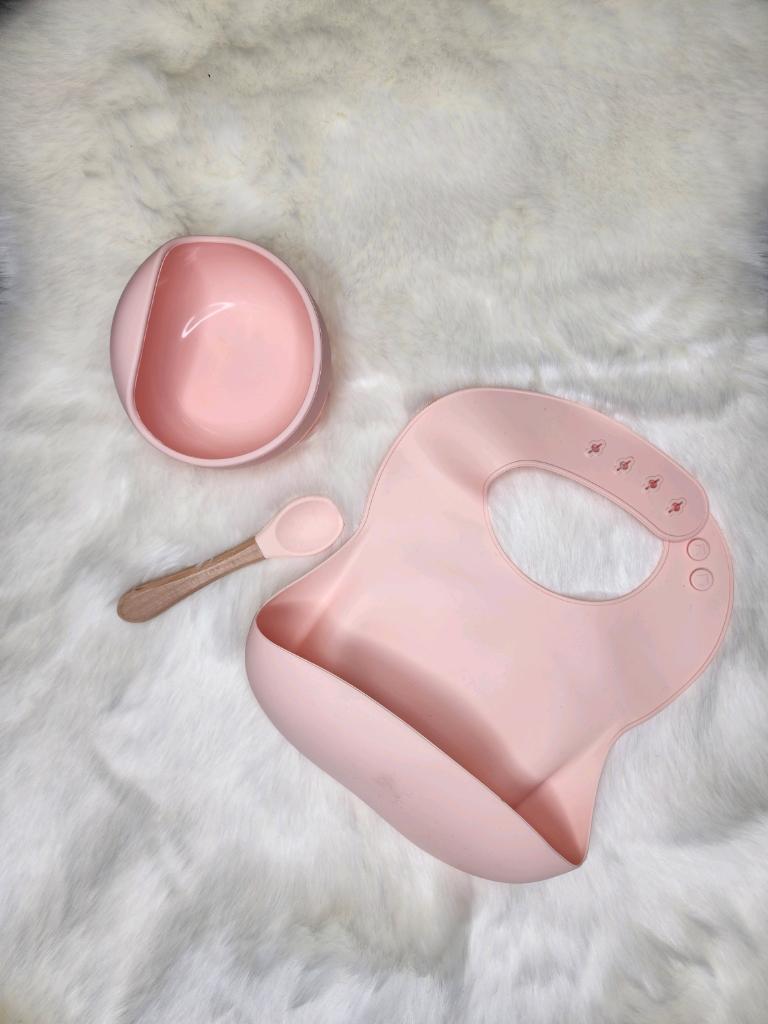 Pink Silicone Baby Bib & Utensil Set