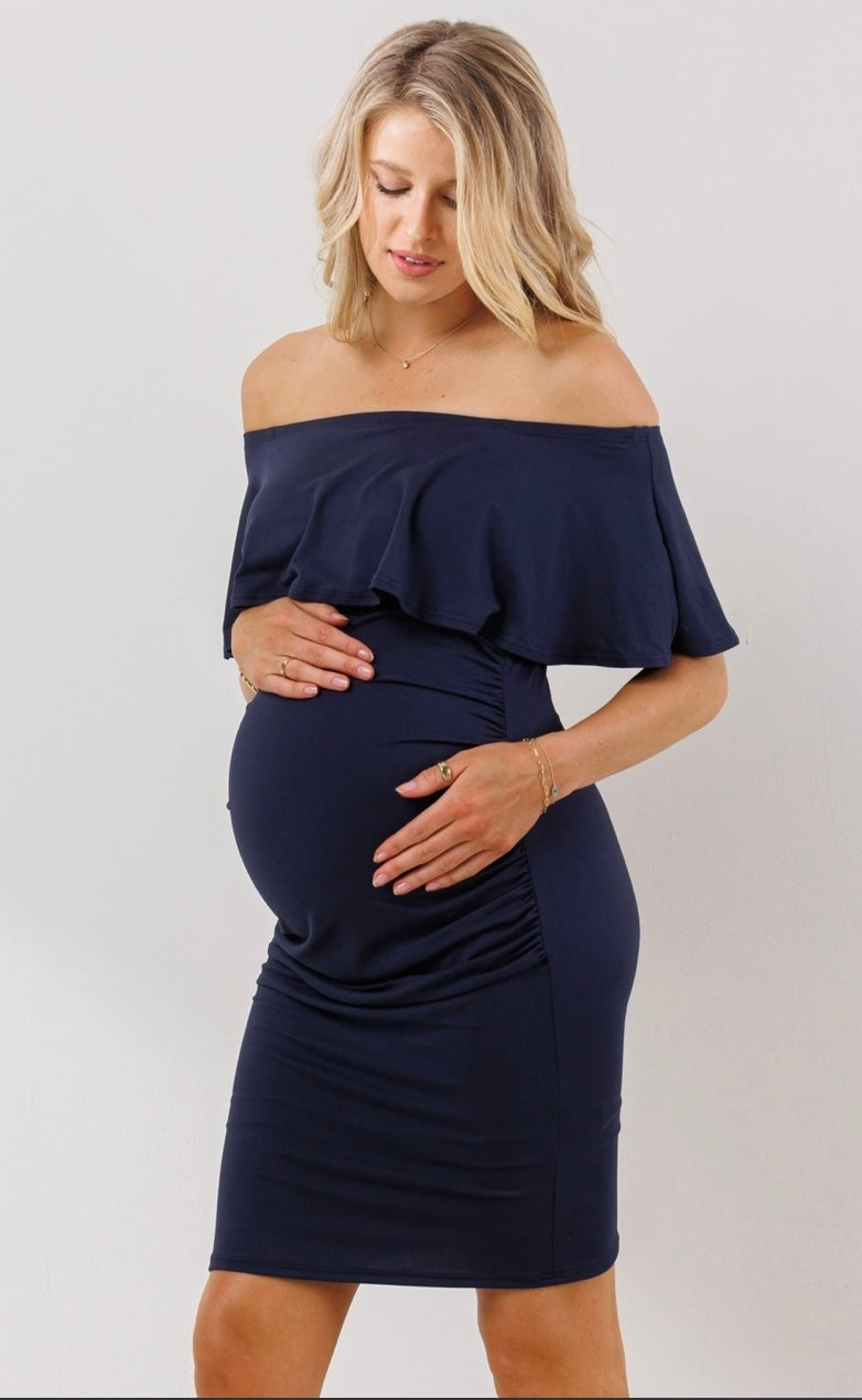 Navy Blue Scrunched Maternity Dress