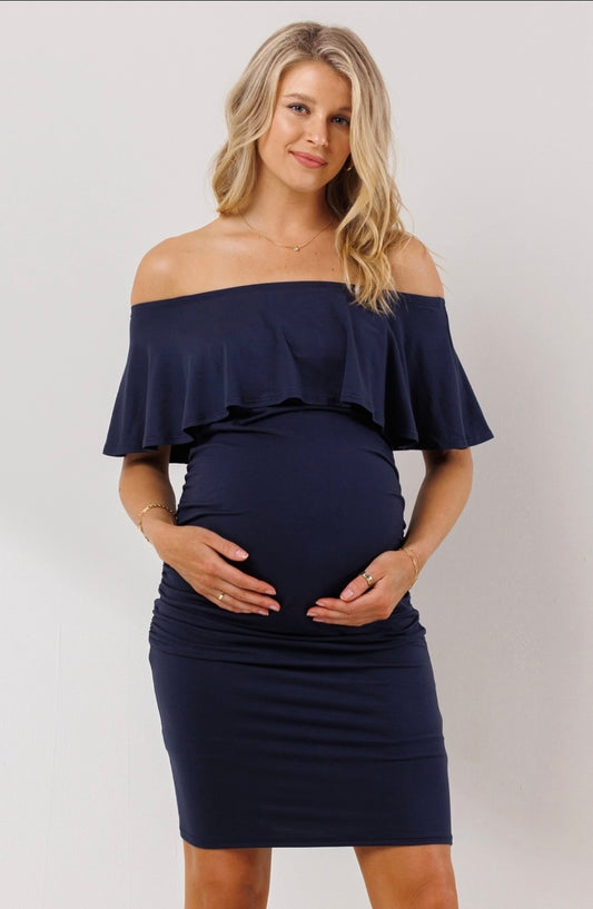Navy Blue Scrunched Maternity Dress
