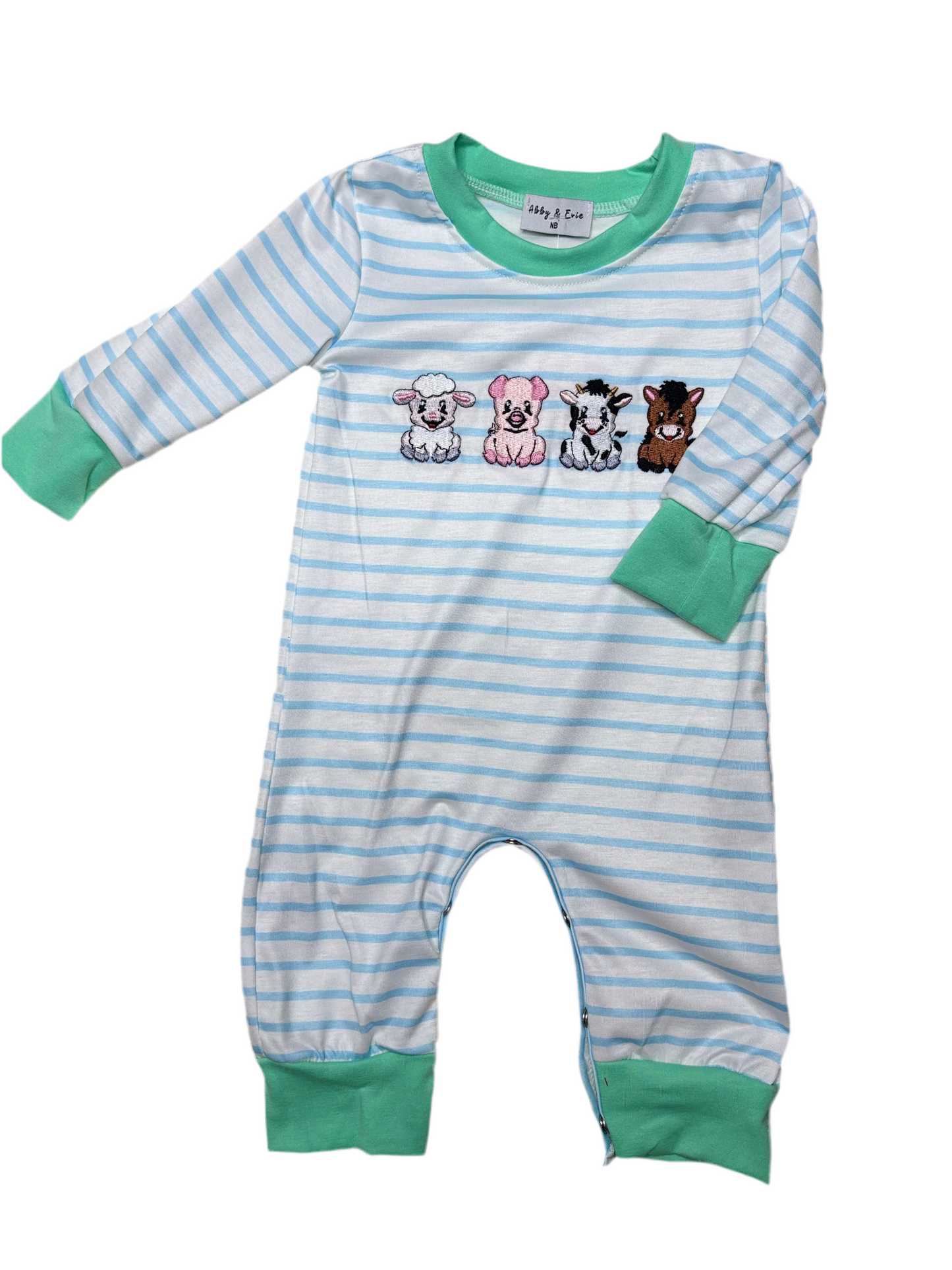 Green & Blue Farm Animals Embroidery Romper