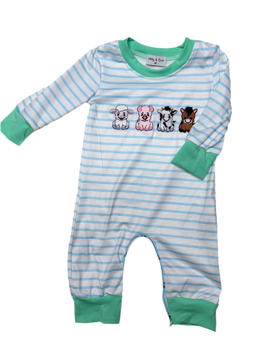 Green & Blue Farm Animals Embroidery Romper