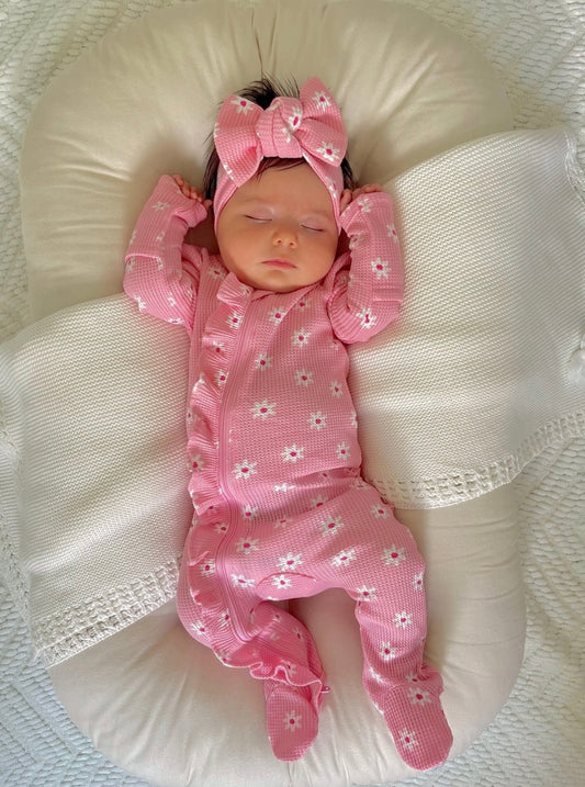 Pink Flower Organic Waffle 2-Way Zip Footie