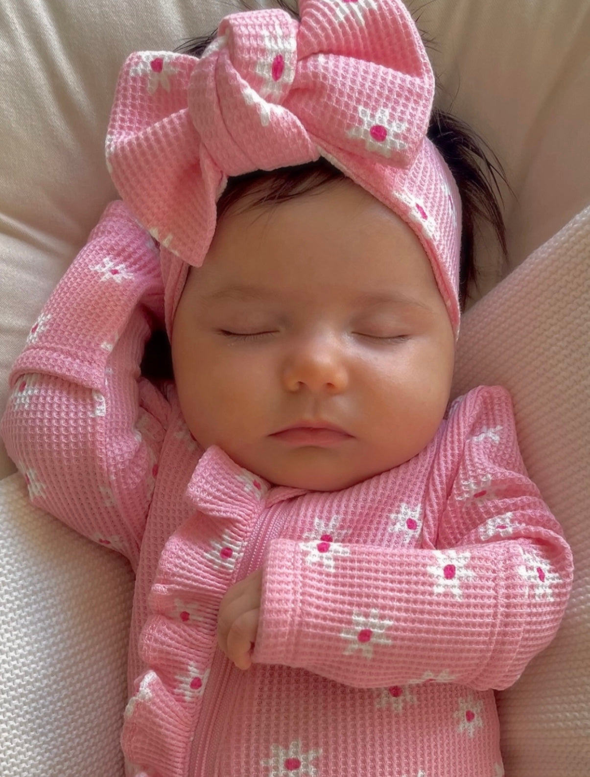 Pink Flower Organic Waffle Knot Bow