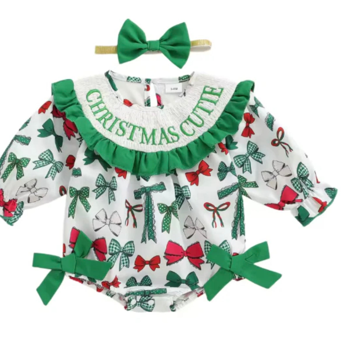 Green Ribbon Smocked Christmas Romper