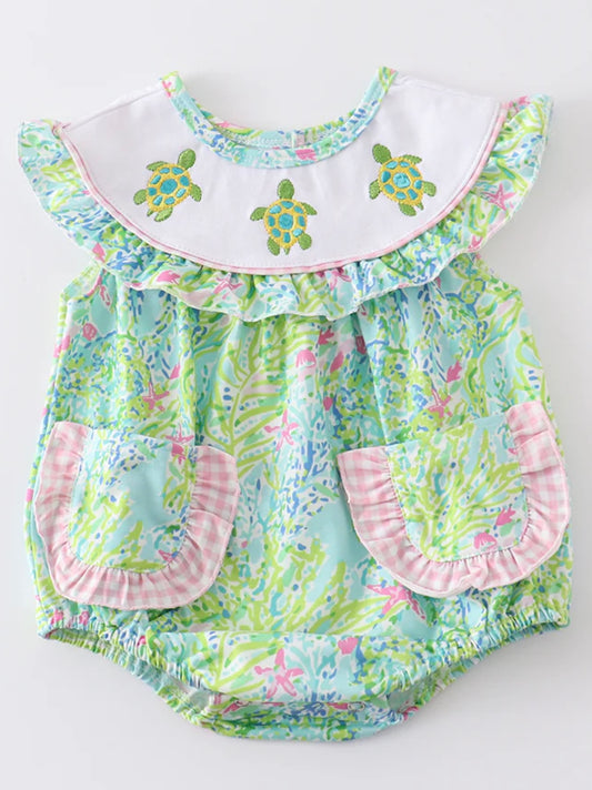 Green Turtle Embroidered Ruffle Bubble