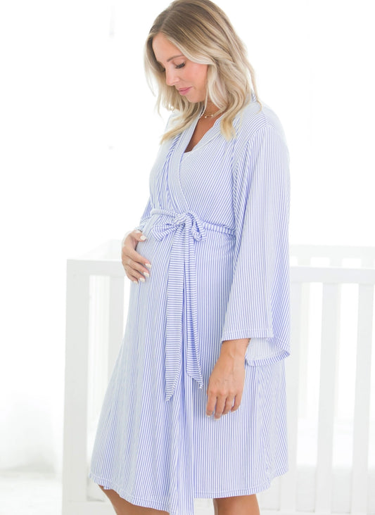 Blue & White Micro Stripe Maternity Robe - One Size