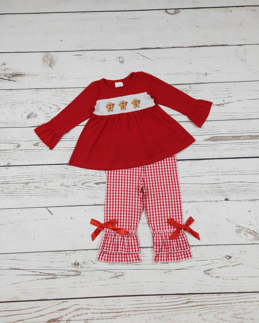Girls Red Gingerbread Embroidered Christmas Set