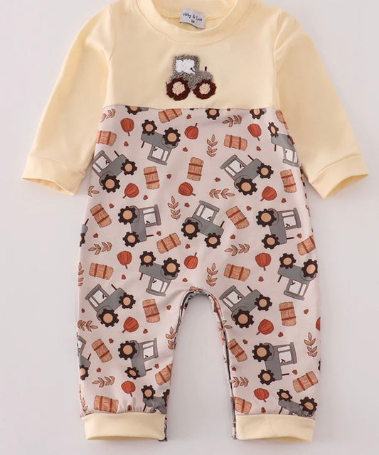 Yellow Tractor French Knot Romper