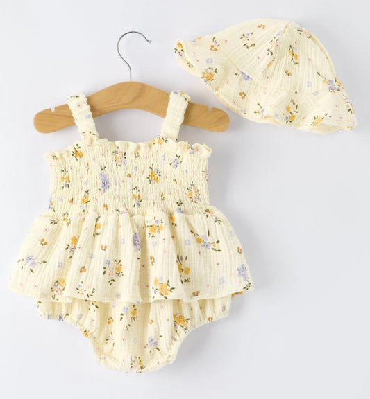 Muslin Floral Smocked Baby Romper w/Hat