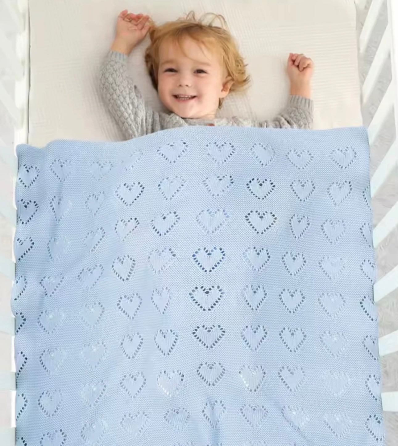 Heart Cotton Knit Blanket - Blue