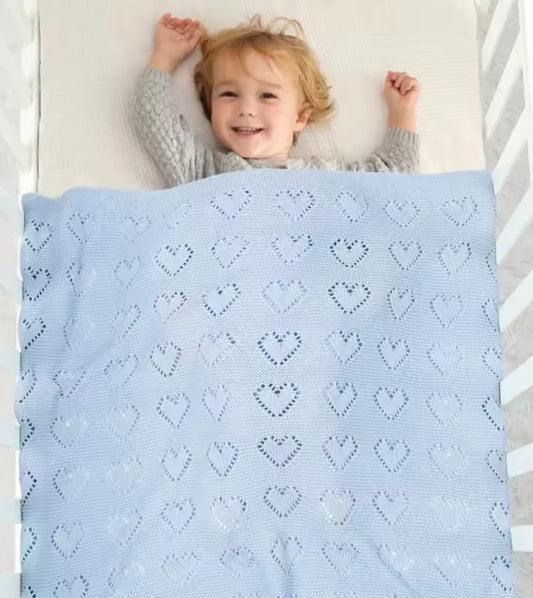 Heart Cotton Knit Blanket - Blue