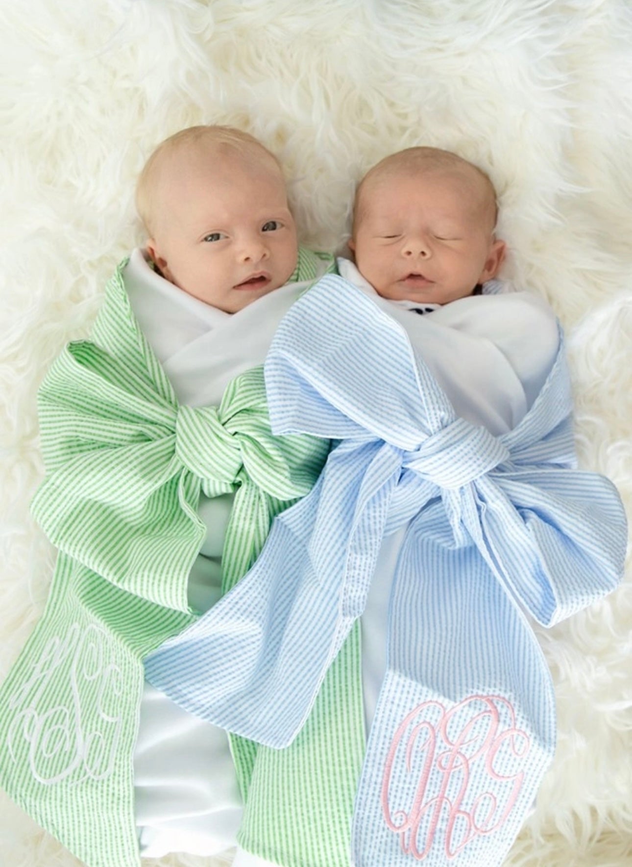 Blue Seersucker Bow Swaddle Blanket