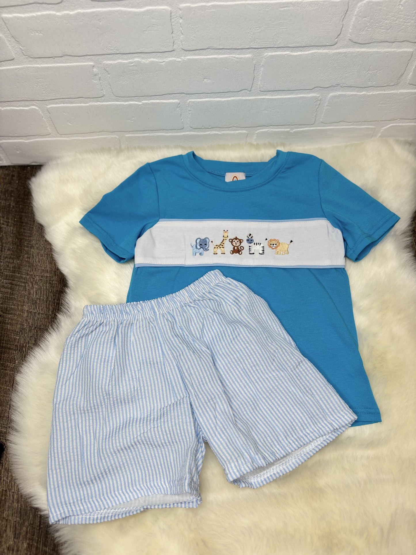 Blue Seersucker Animal Embroidered Short Set