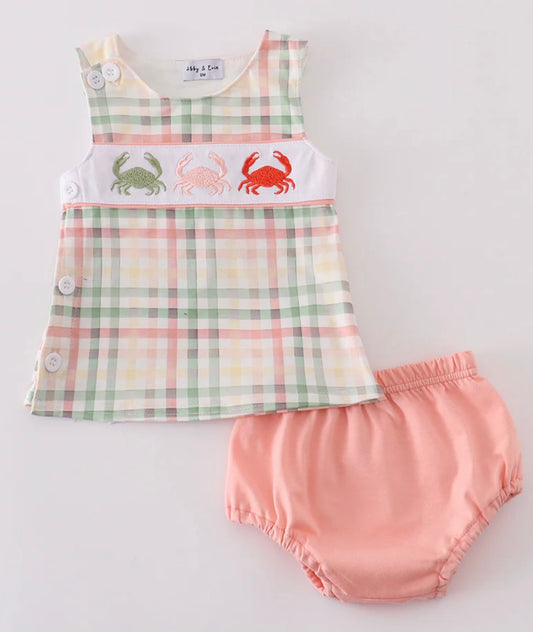 Crab Embroidered Plaid Bloomer Set