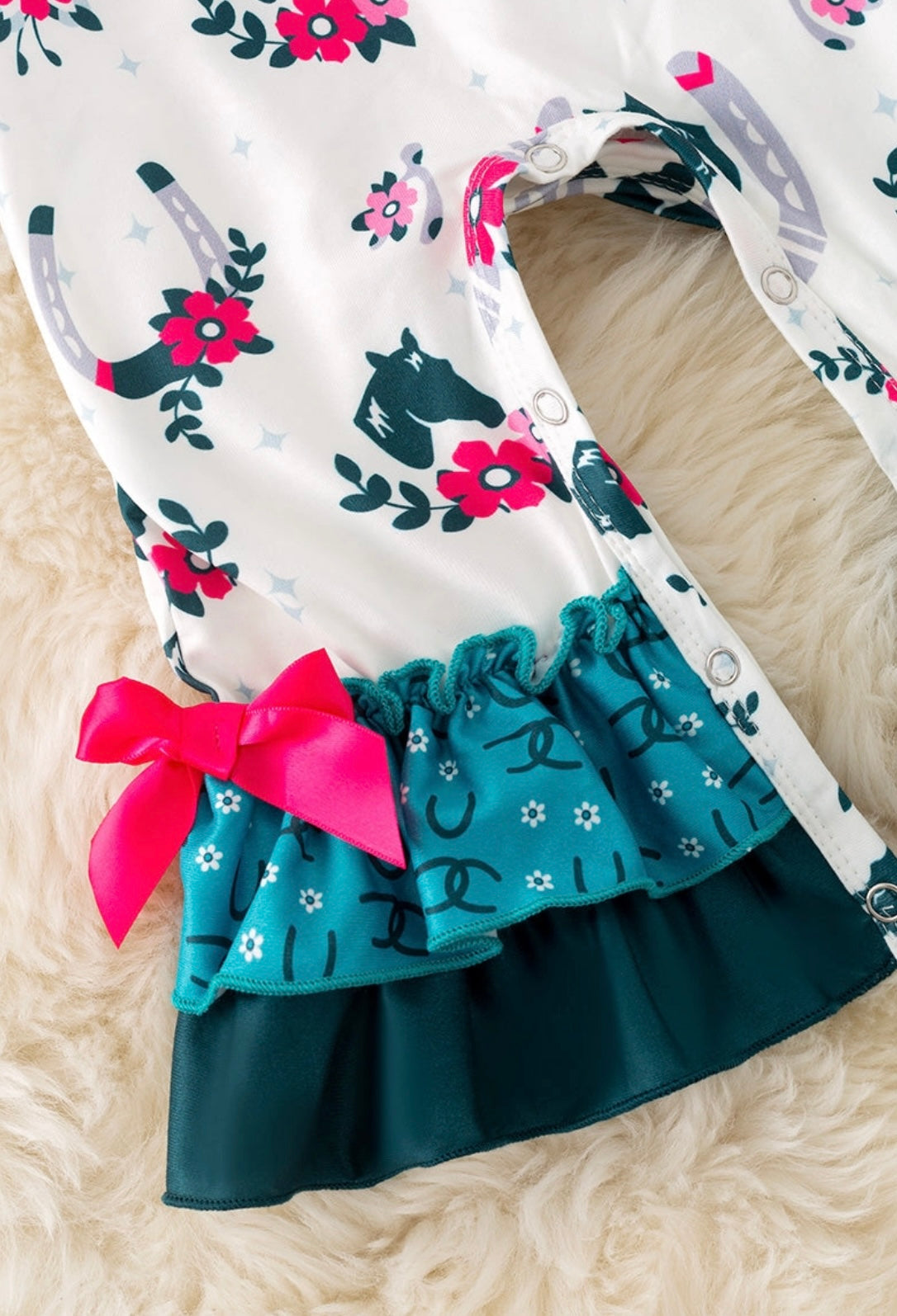 Horseshoe Printed Baby Romper w/ Ruffle Hem