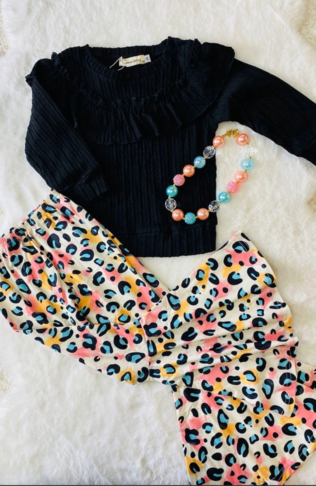 Black Ruffle Top & Leopard Pant Set