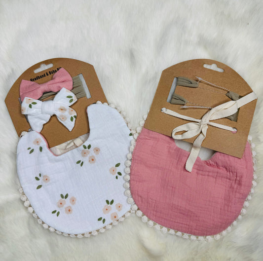 Pink Peonies Reversible Bib & Bow Set