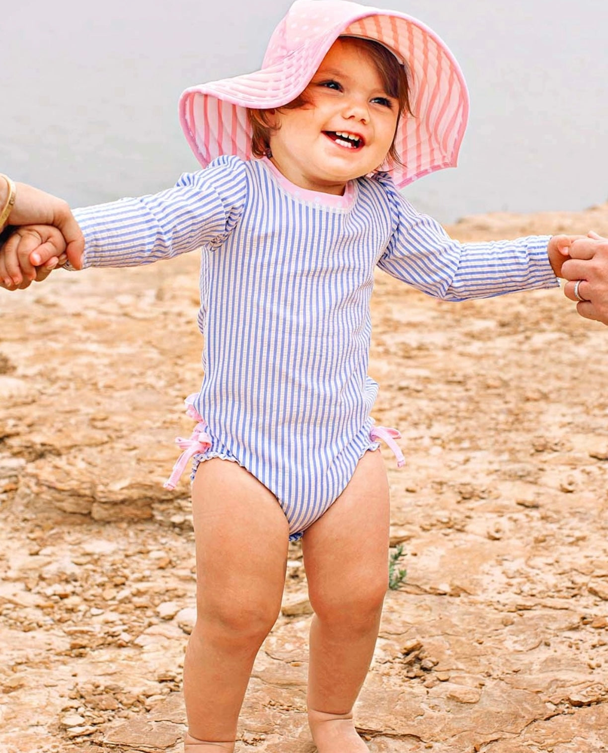 Periwinkle Blue Seersucker Rash Guard Swimsuit w/Ruffles