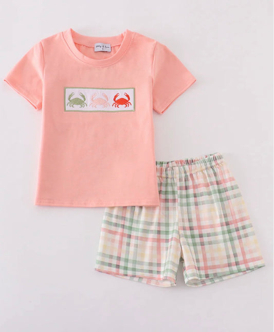 Crab Embroidered Plaid Short Set