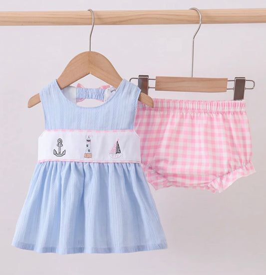 Blue Sailboat Embroidered Bloomer Set