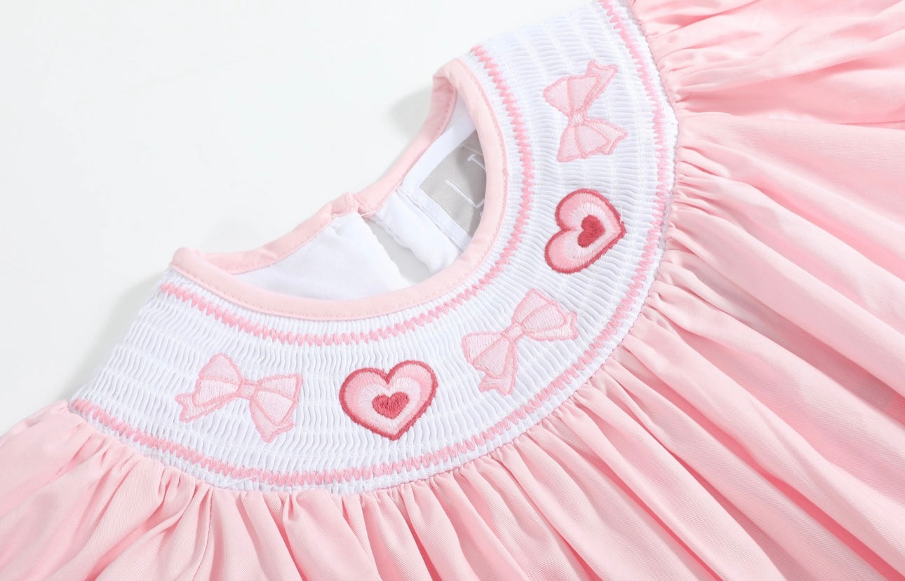 Pink Hearts & Bows Smocked Bishop Dress | Lil Cactus