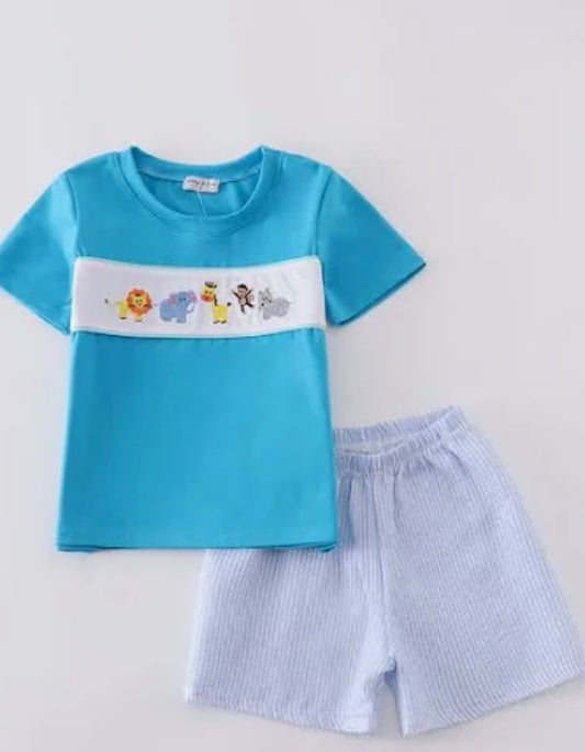 Blue Seersucker Animal Embroidered Short Set
