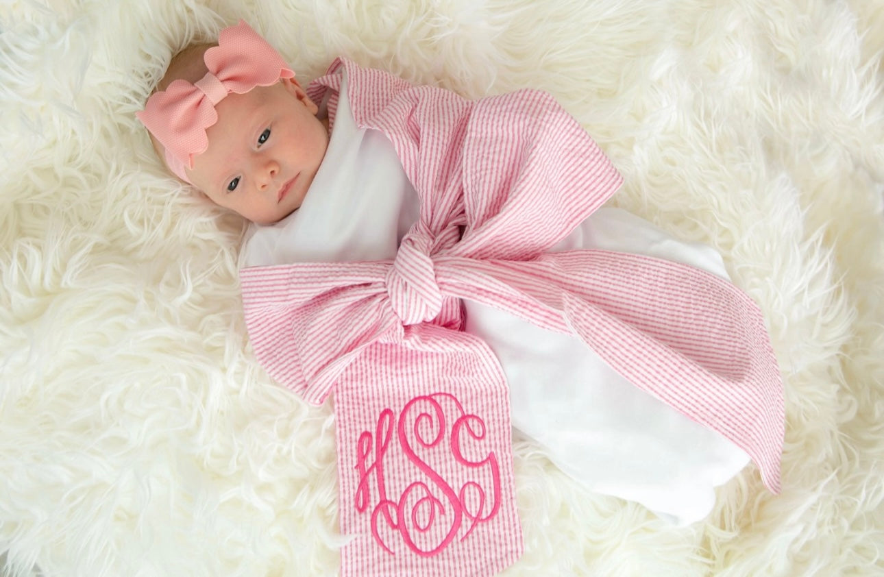 Pink Seersucker Swaddle Bow Blanket