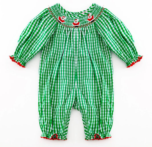 Green Christmas Gingham Smocked Romper