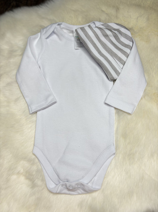 White Long Sleeve Onesie W/ Stripe Hat