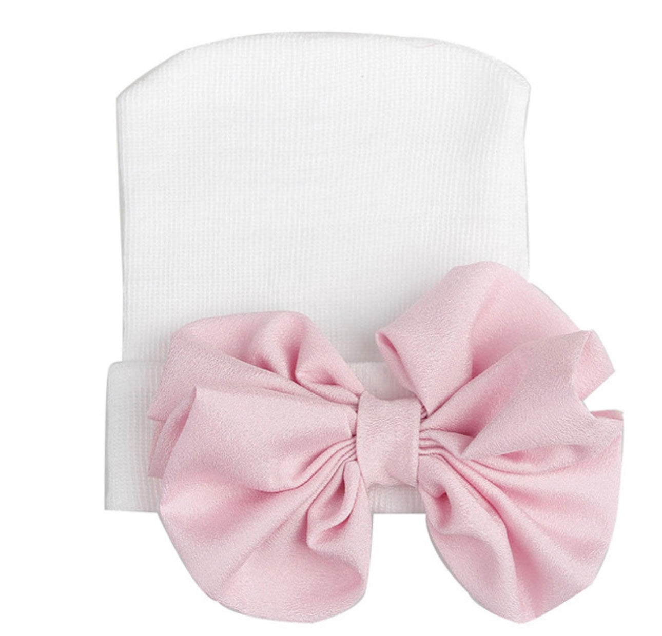 Newborn Hospital Hat - Gender Reveal - Monogram- White w/ Pink Bow
