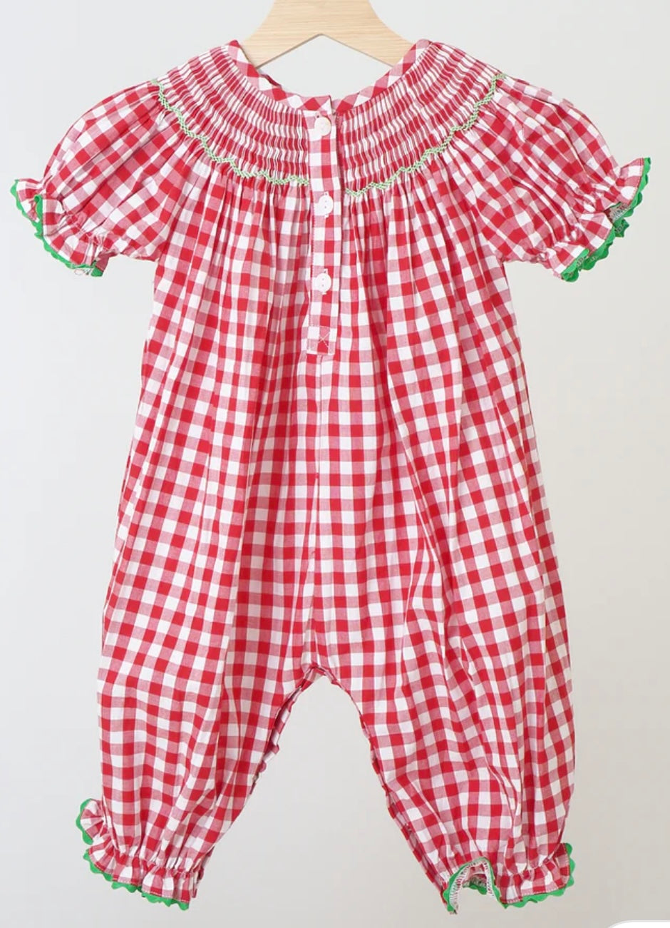 Red Christmas Smocked Gingham Romper