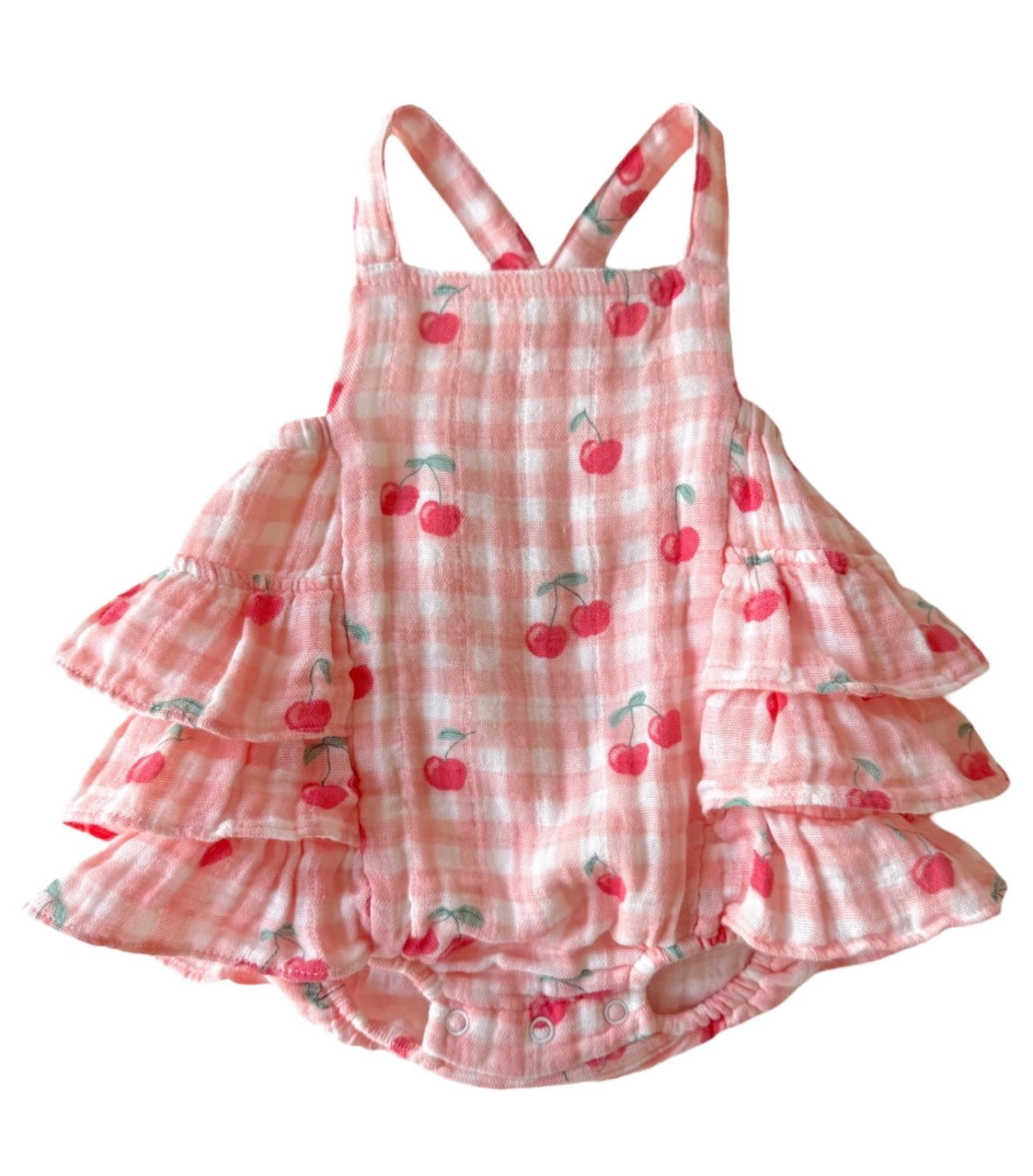 Gingham Cherries Muslin Ruffle Sunsuit