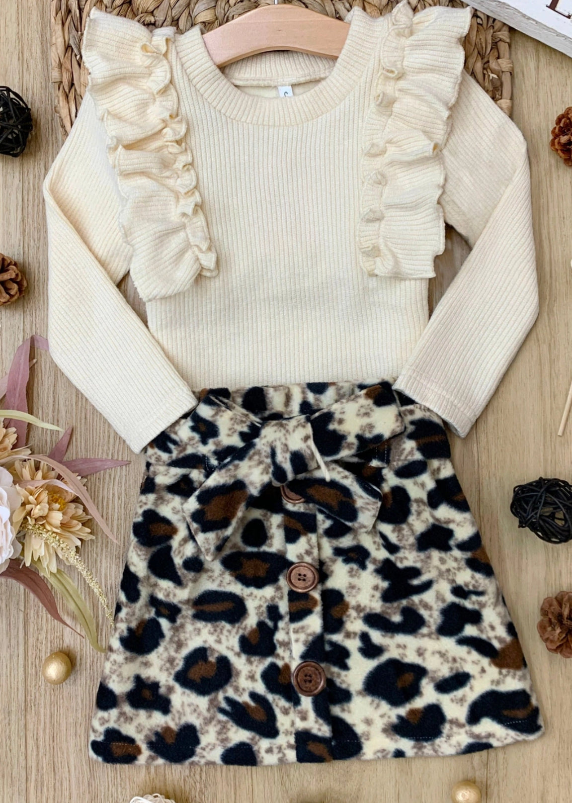 Long Sleeve Top & Leopard Print Skirt Set