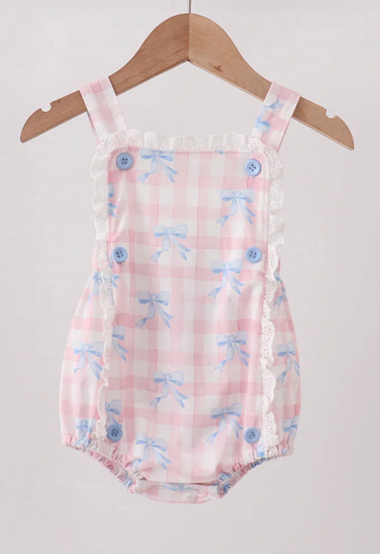 Pink Gingham Bow Print Lace Bubble