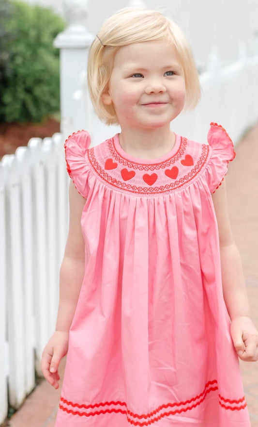 Pink Heart Smocked Bishop Dress | Lil Cactus