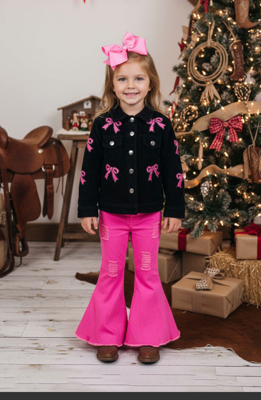 Pink Sequin Bow Black Corduroy Jacket