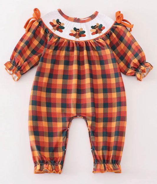 Orange Turkey Embroidered Plaid Smocked Romper