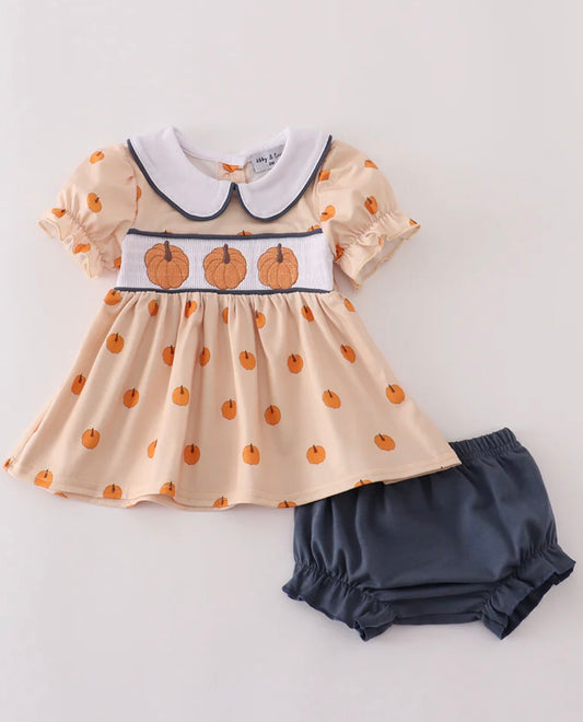 Khaki Embroidered Smocked Bloomer Set