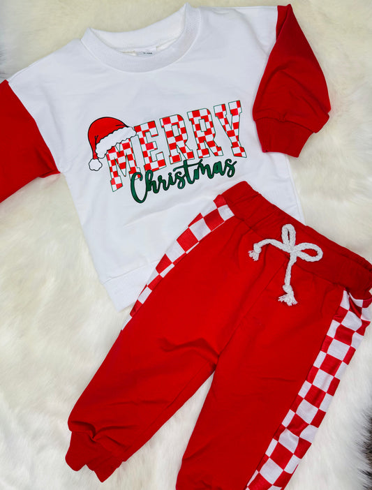 "Merry Christmas" Checkered Sweatshirt & Pants Set