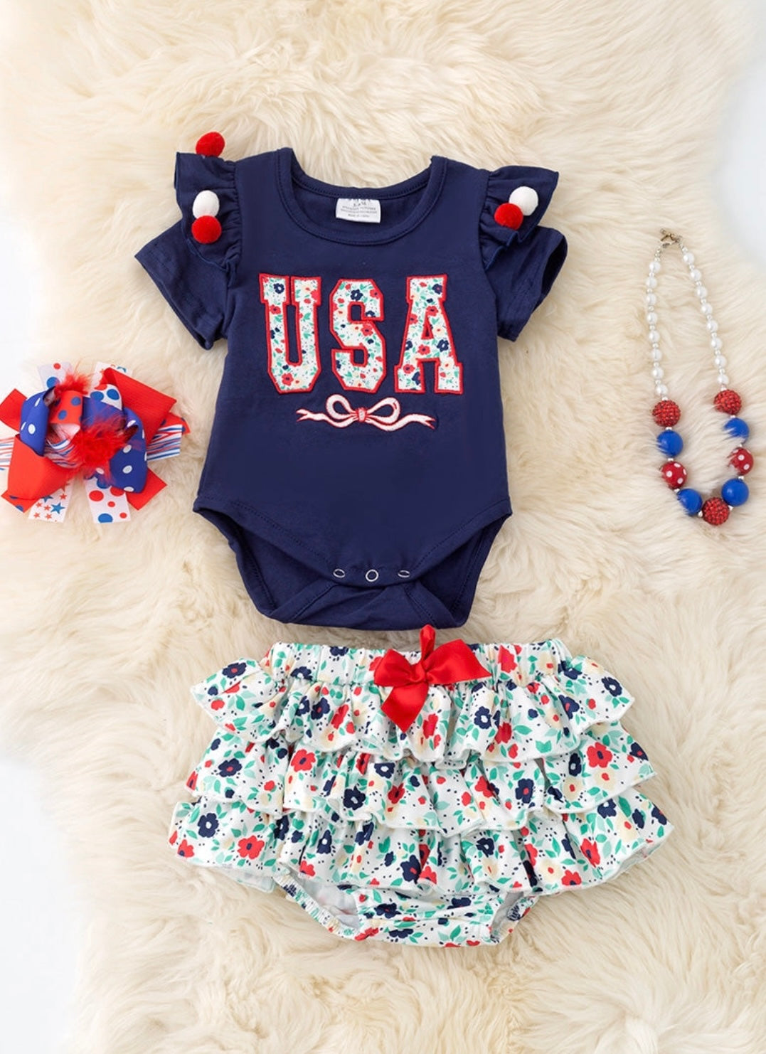 USA Floral Appliqué Onesie w/Ruffle Bloomers