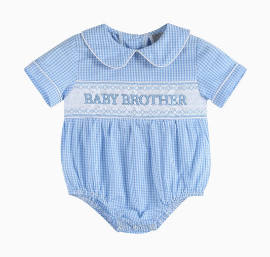 Light Blue Baby Brother Smocked Collared Romper