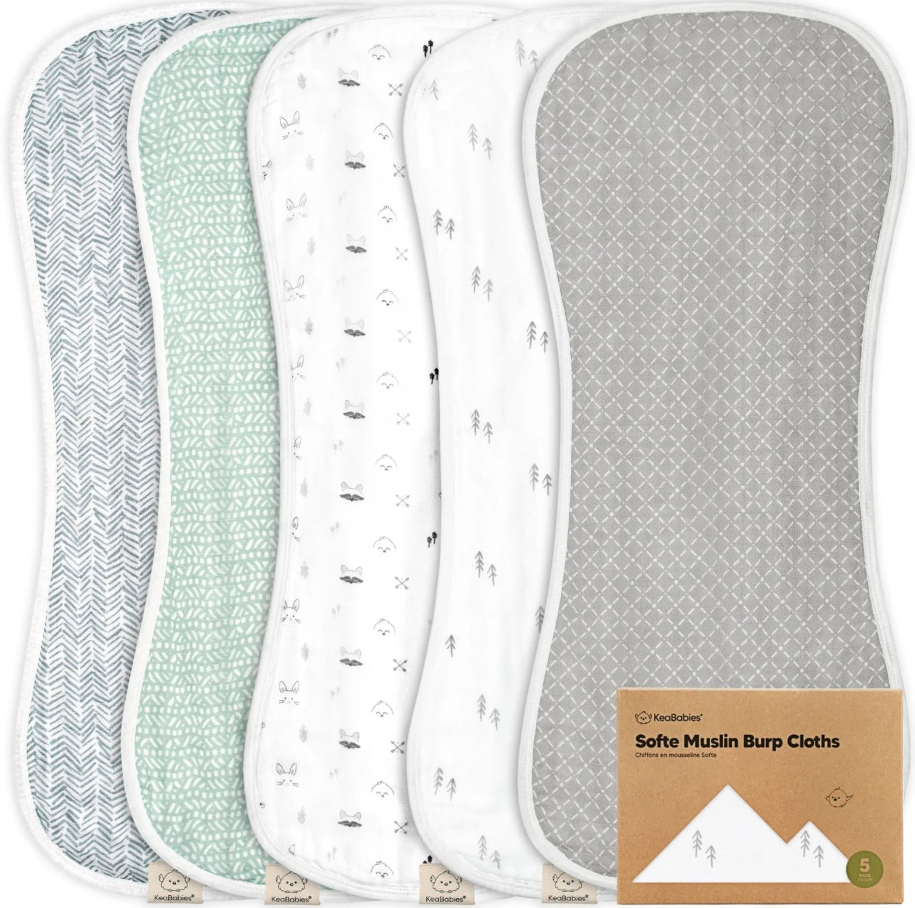 KeaBabies 5-Pack Soft Burp Cloths - Nordic