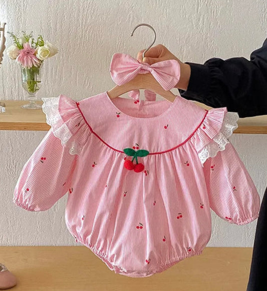 Pink Striped Cherry Baby Romper