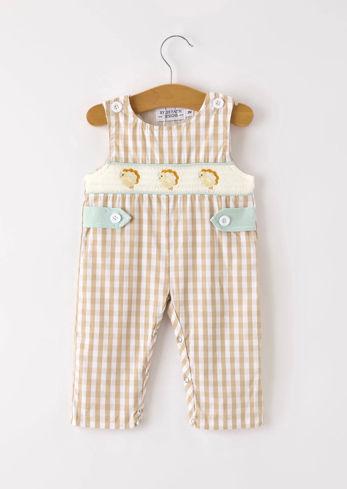 Thanksgiving Apricot Plaid Chick Embroidered Romper