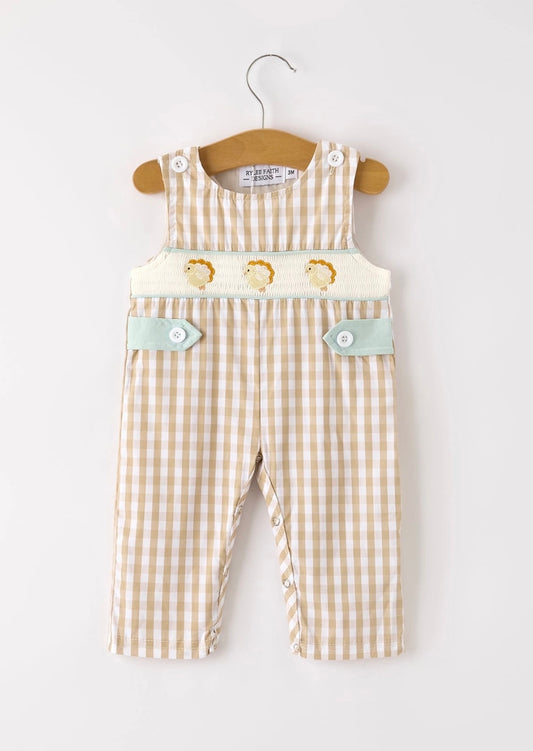 Thanksgiving Apricot Plaid Chick Embroidered Romper
