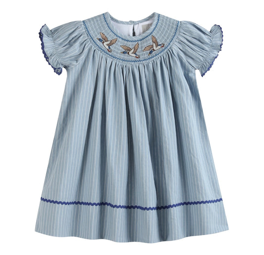 Blue Mallard Duck Smocked Bishop Dress