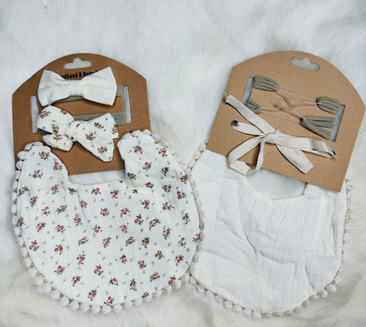 Cream and Rose Reversible Bib & Bow Set